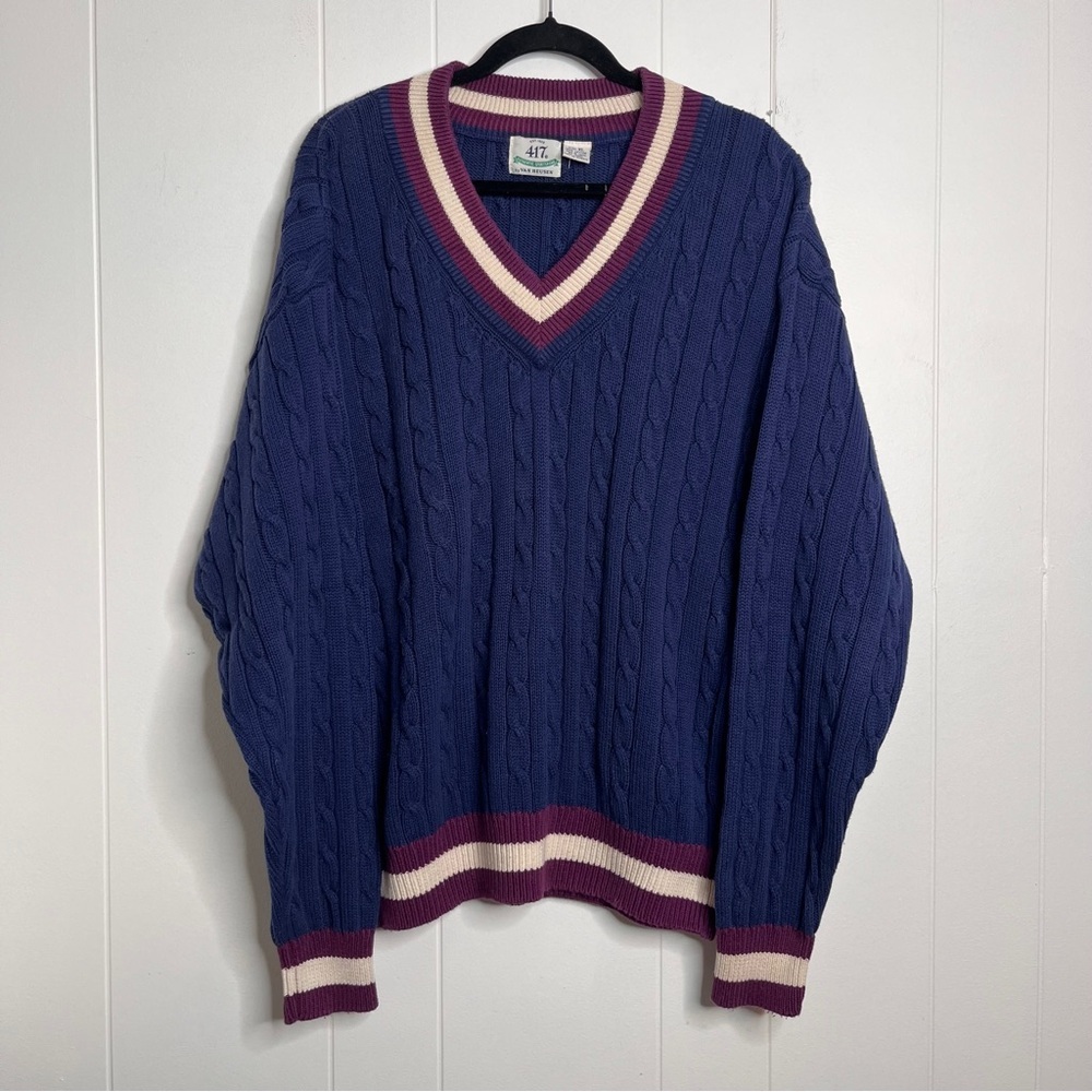 Van Heusen Navy and Burgundy V-Neck Sweater Cable Knit Cotton Men's XL